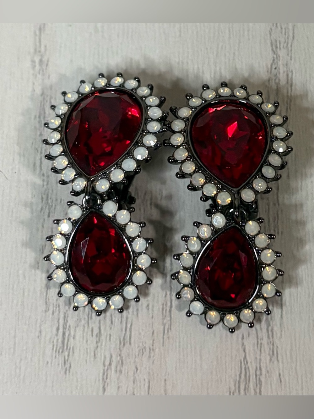 Vintage Joan Rivers Fancy Drop Earrings Faux Ruby Opals Runway Couture Clip On